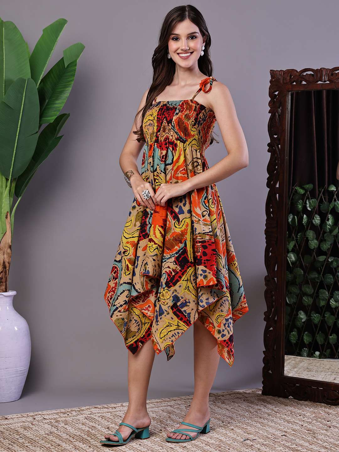 Women's Multicolor Abstract Printed Cotton Handkerchief Hem Dress Midi Dresses - Image 3