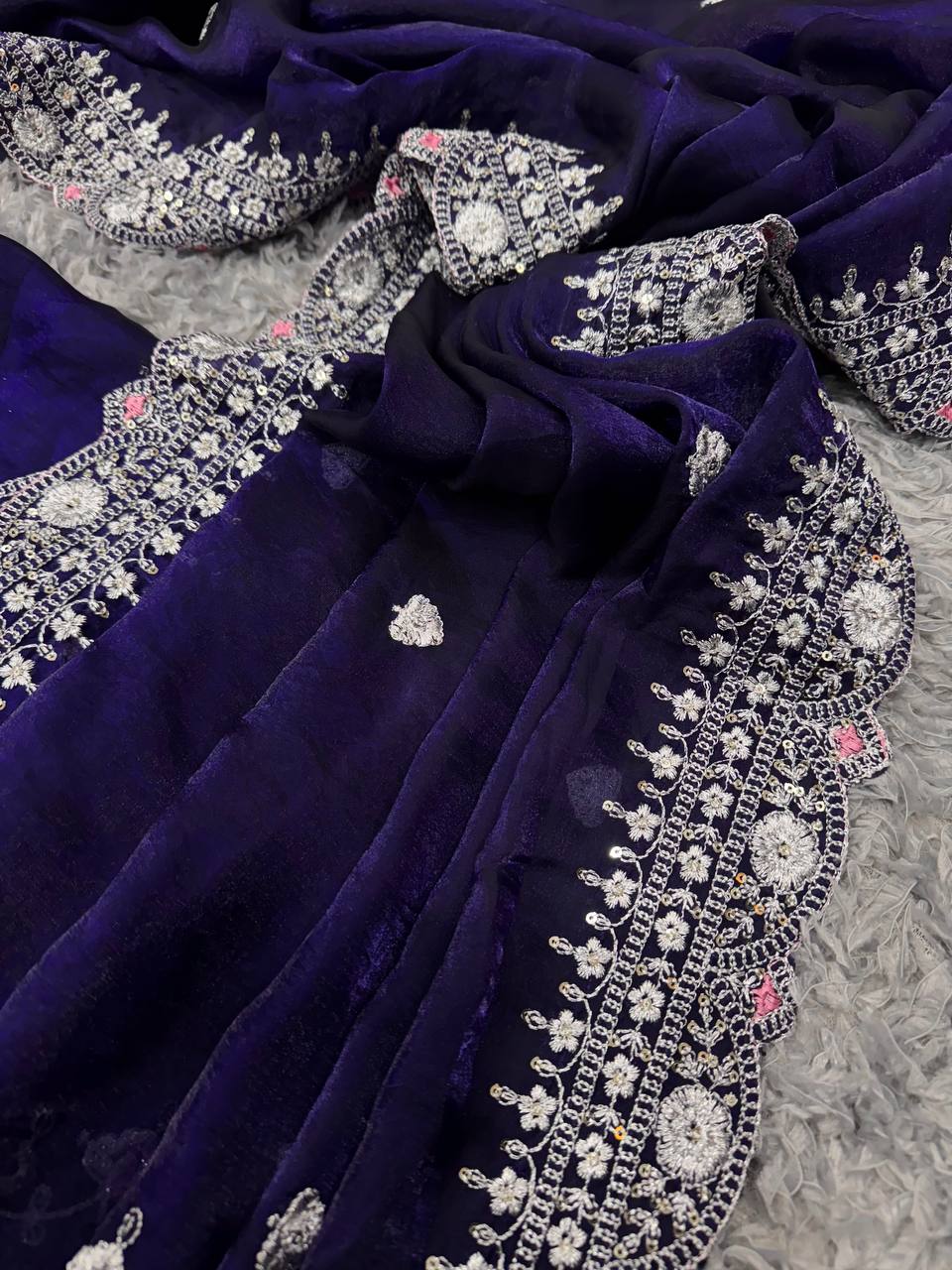 Royal Blue Embroidered Blouse Piece with Intricate Mirror, Sequin & Floral Threadwork – Ready-to-Stitch Fabric for Sarees & Festive Ethnic Wear - Image 4